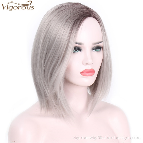 Vigorous High Quality Cosplay Synthetic Gray Wigs Short Straight Bob Wigs for Women Heat Resistant Fiber Fashion Styles